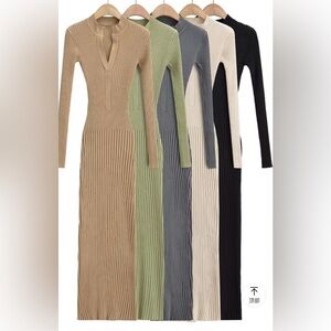 Long knitted stretchy dress V-neck